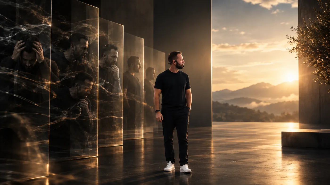 Alejandro Londoño observando reflejos de sí mismo frente a un amanecer